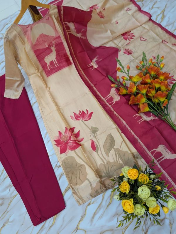 Buy Beige Pink Printed Zarna Silk Kurti Set Online