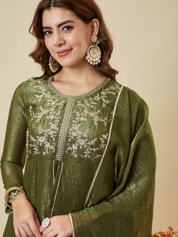 DEVANSHI 2 Olive Green Embroidered Crunchy Silk Kurta Set