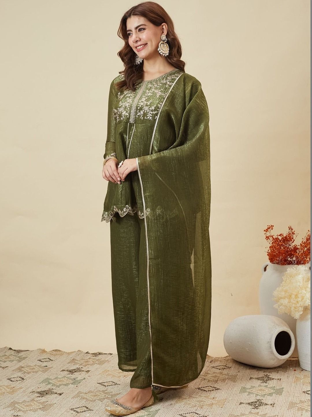 DEVANSHI 2 Olive Green Embroidered Crunchy Silk Kurta Set