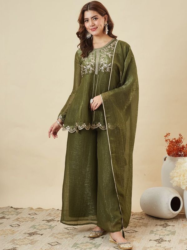 DEVANSHI 2 Olive Green Embroidered Crunchy Silk Kurta Set