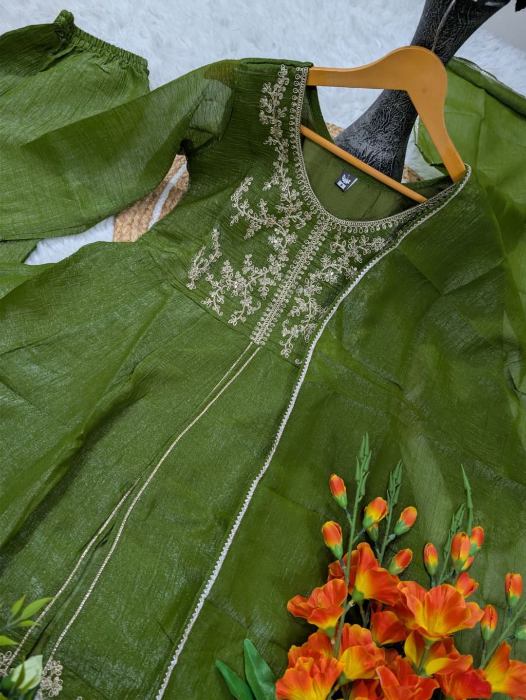 DEVANSHI 2 Olive Green Embroidered Crunchy Silk Kurta Set