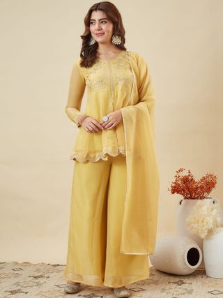 DEVANSHI 2 Yellow Embroidered Crunchy Silk Kurta Set