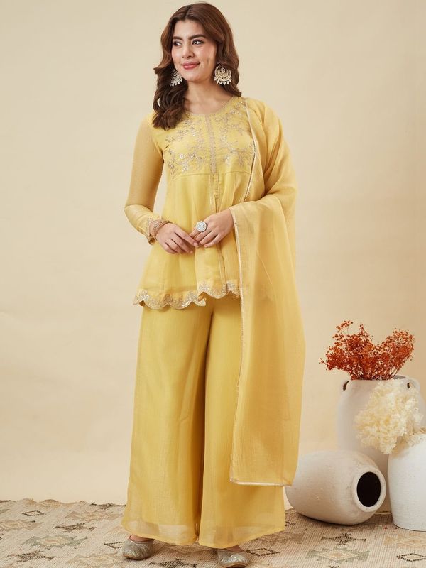 DEVANSHI 2 Yellow Embroidered Crunchy Silk Kurta Set
