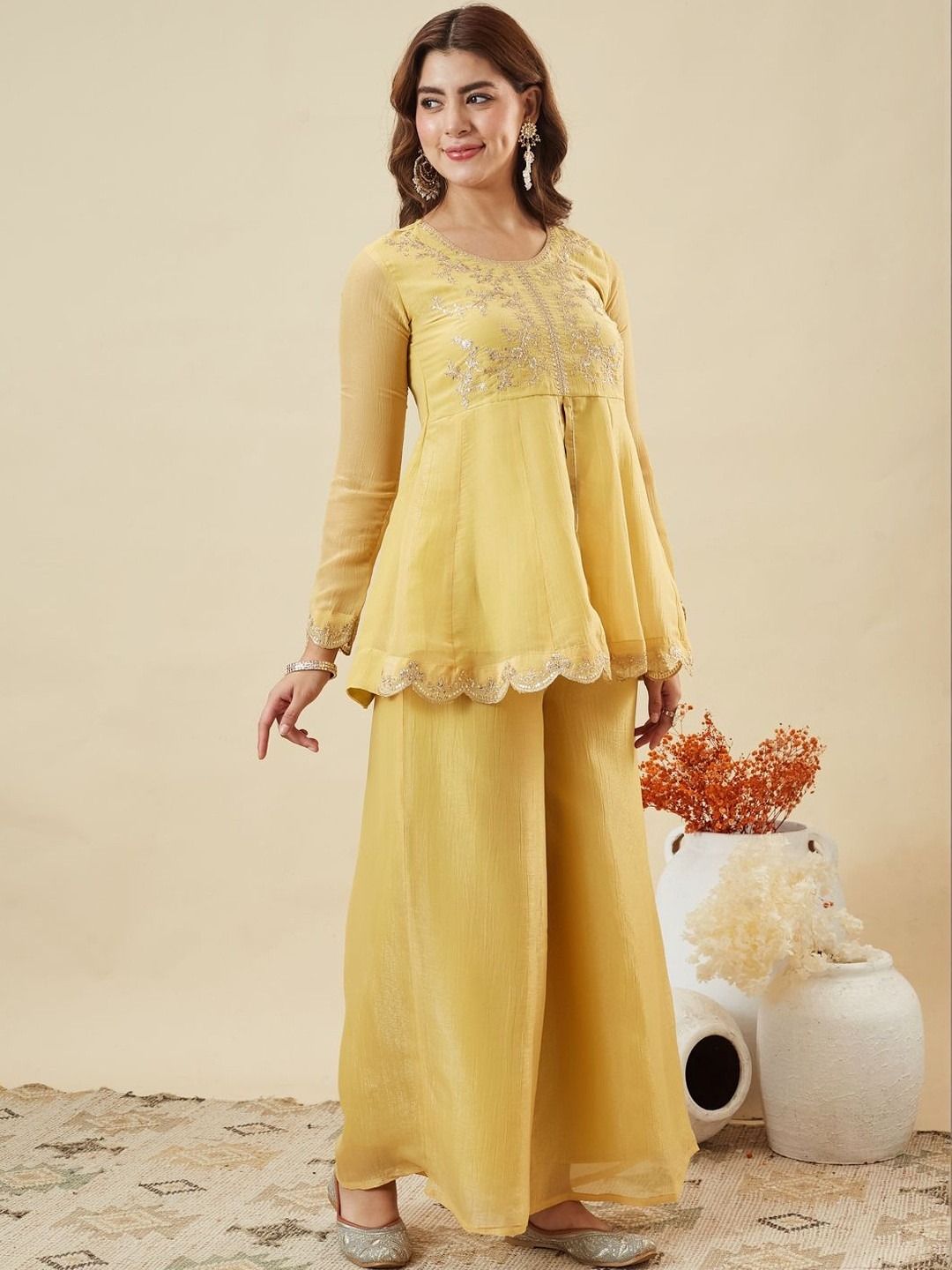 DEVANSHI 2 Yellow Embroidered Crunchy Silk Kurta Set