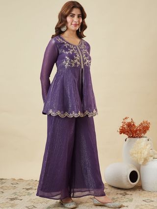 DEVANSHI 2 Purple Embroidered Crunchy Silk Kurta Set