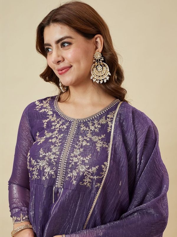 DEVANSHI 2 Purple Embroidered Crunchy Silk Kurta Set