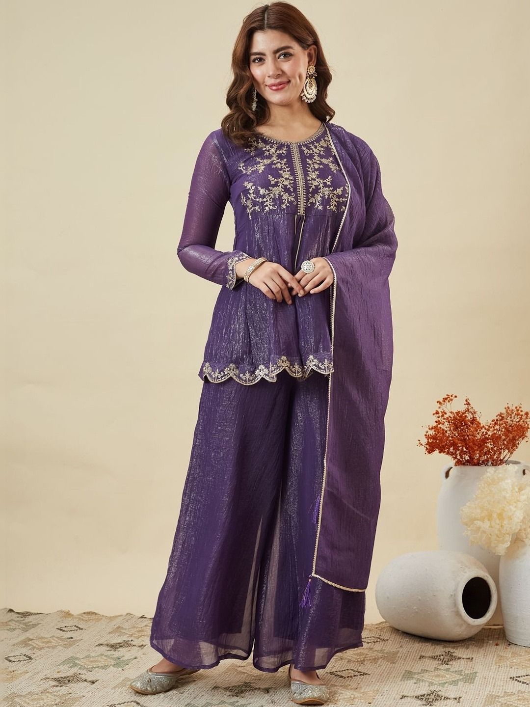 DEVANSHI 2 Purple Embroidered Crunchy Silk Kurta Set