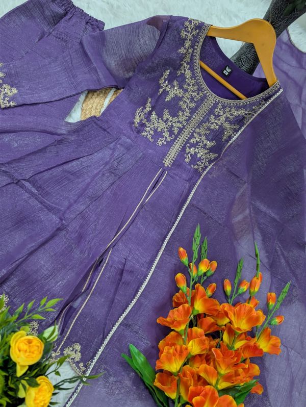 DEVANSHI 2 Purple Embroidered Crunchy Silk Kurta Set