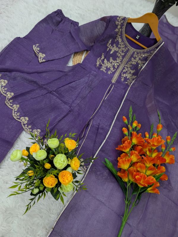 DEVANSHI 2 Purple Embroidered Crunchy Silk Kurta Set