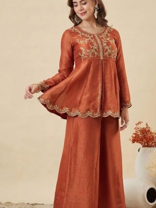 DEVANSHI 2 Rust Orange Embroidered Crunchy Silk Kurta Set