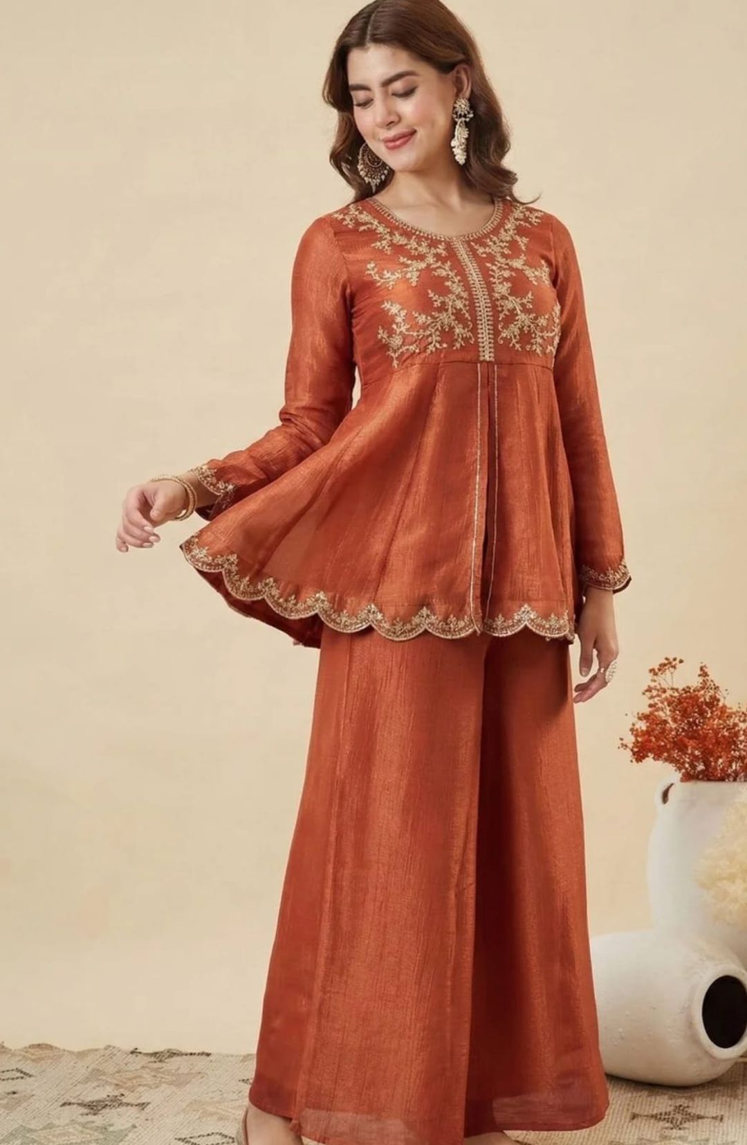 DEVANSHI 2 Rust Orange Embroidered Crunchy Silk Kurta Set
