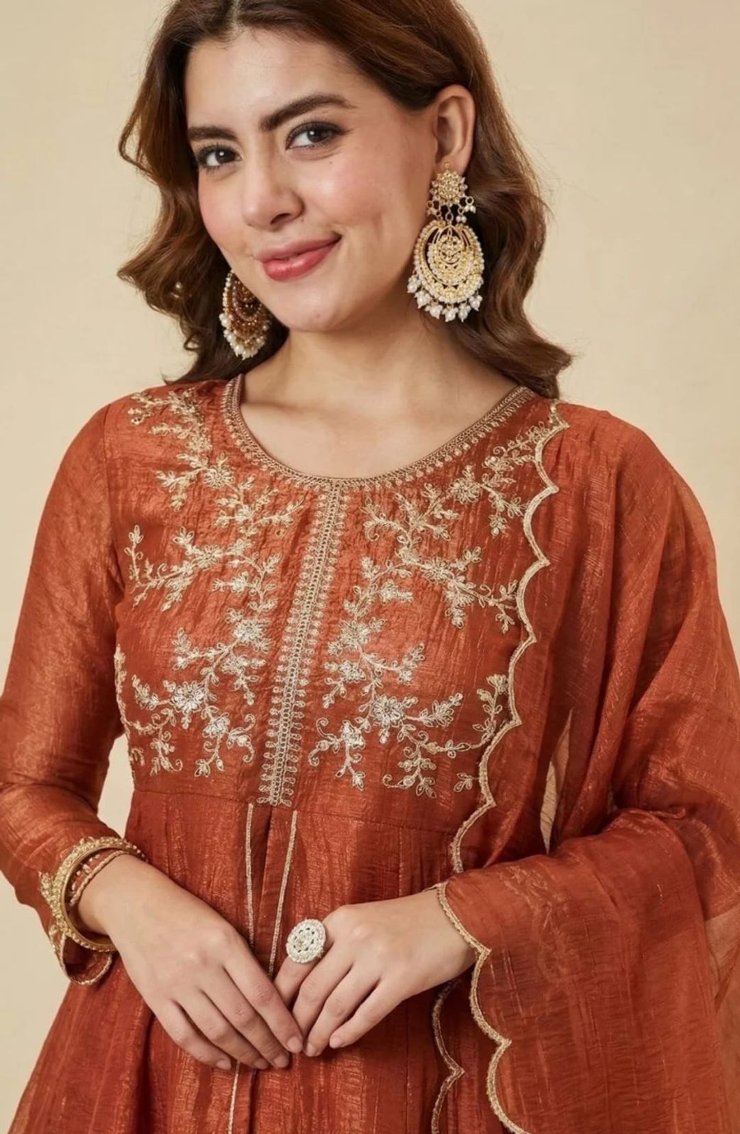 DEVANSHI 2 Rust Orange Embroidered Crunchy Silk Kurta Set