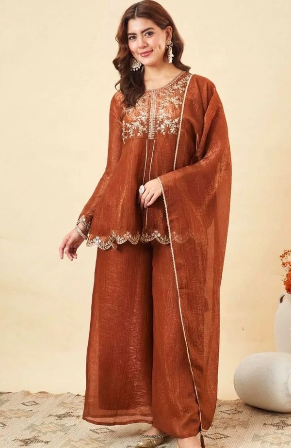 DEVANSHI 2 Rust Orange Embroidered Crunchy Silk Kurta Set