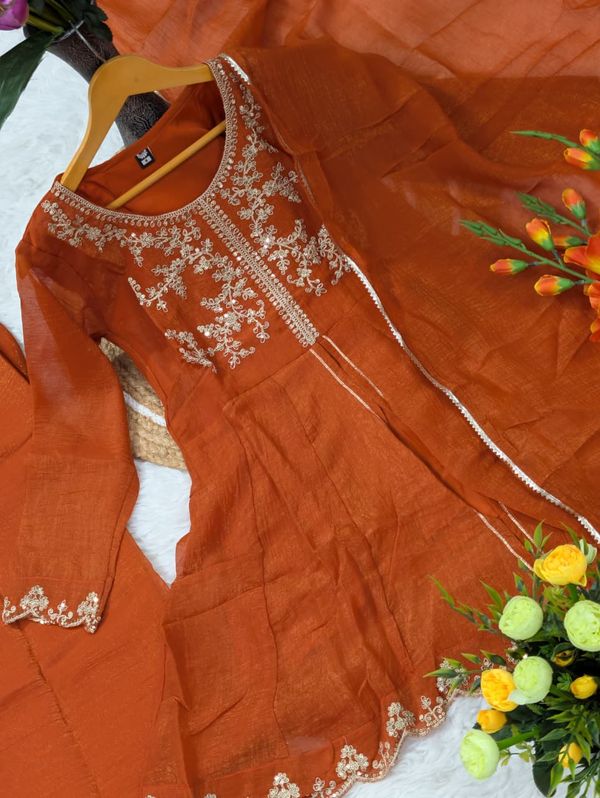 DEVANSHI 2 Rust Orange Embroidered Crunchy Silk Kurta Set