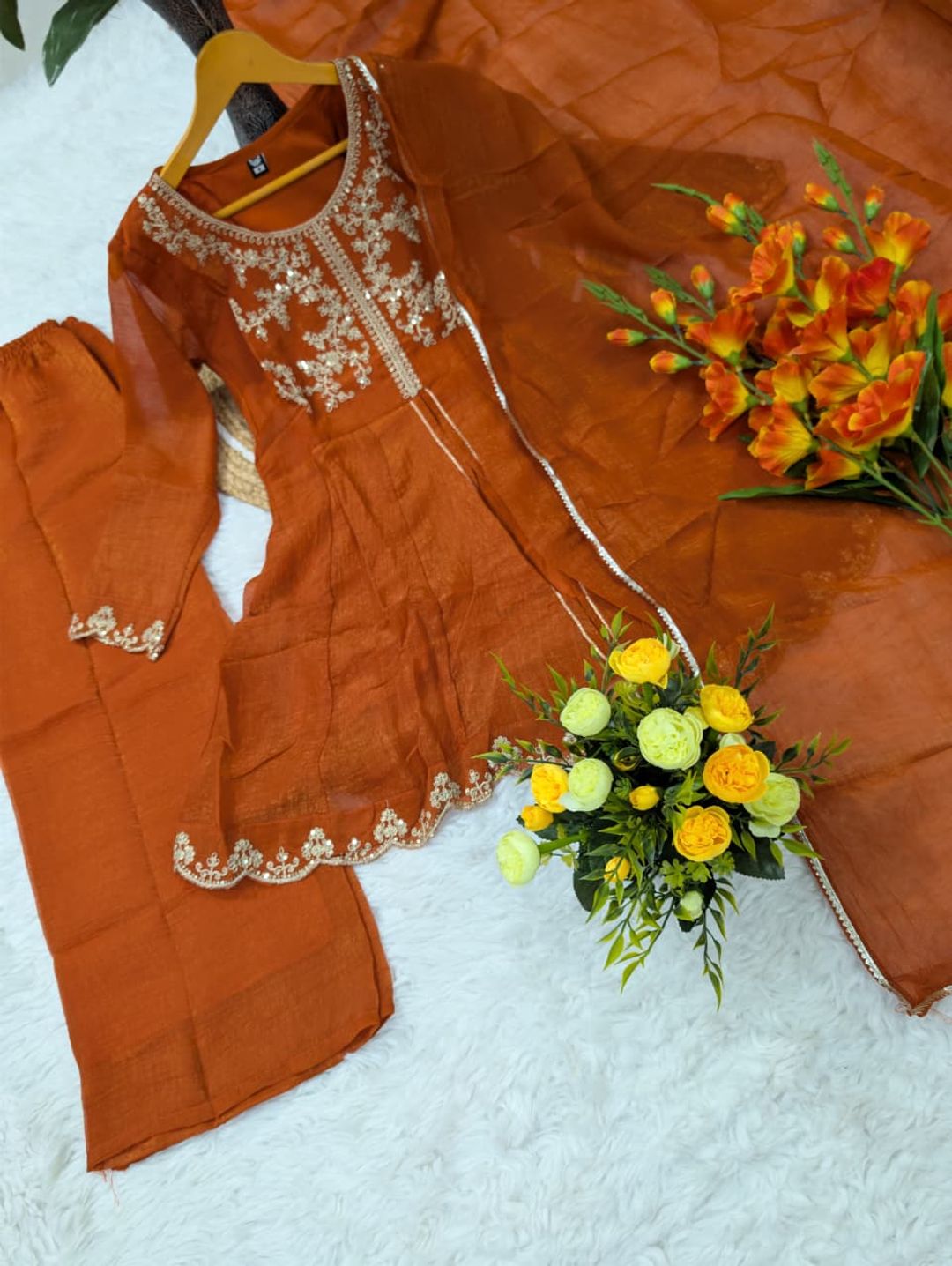 DEVANSHI 2 Rust Orange Embroidered Crunchy Silk Kurta Set