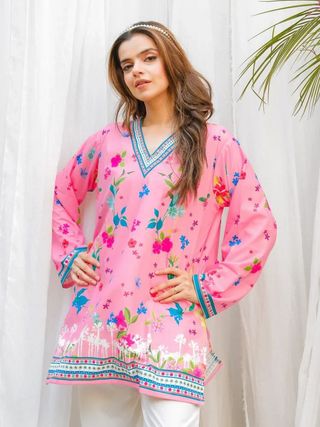 D1003 Pink Floral Printed Rayon Kurta Pant Co-Ord Set