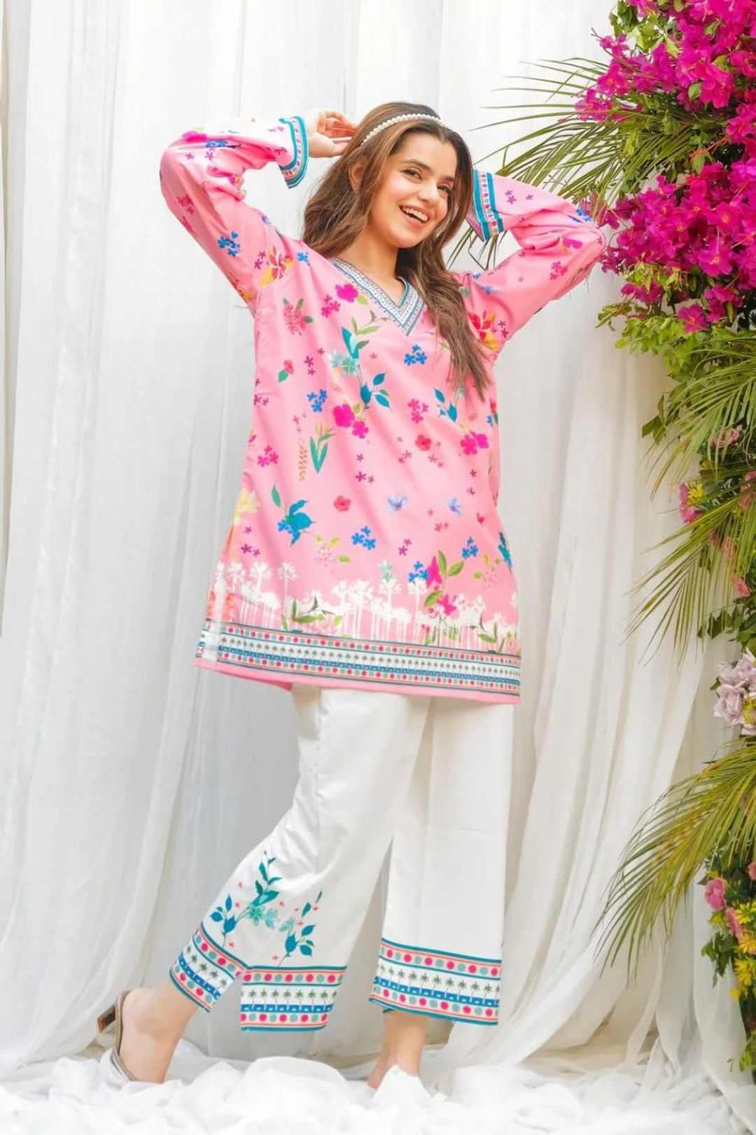 D1003 Pink Floral Printed Rayon Kurta Pant Co-Ord Set