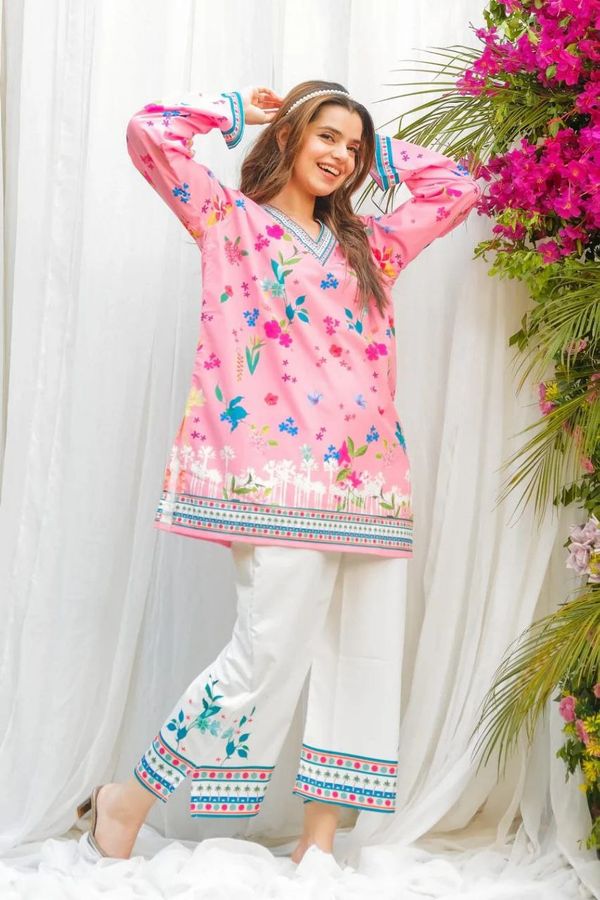 D1003 Pink Floral Printed Rayon Kurta Pant Co-Ord Set