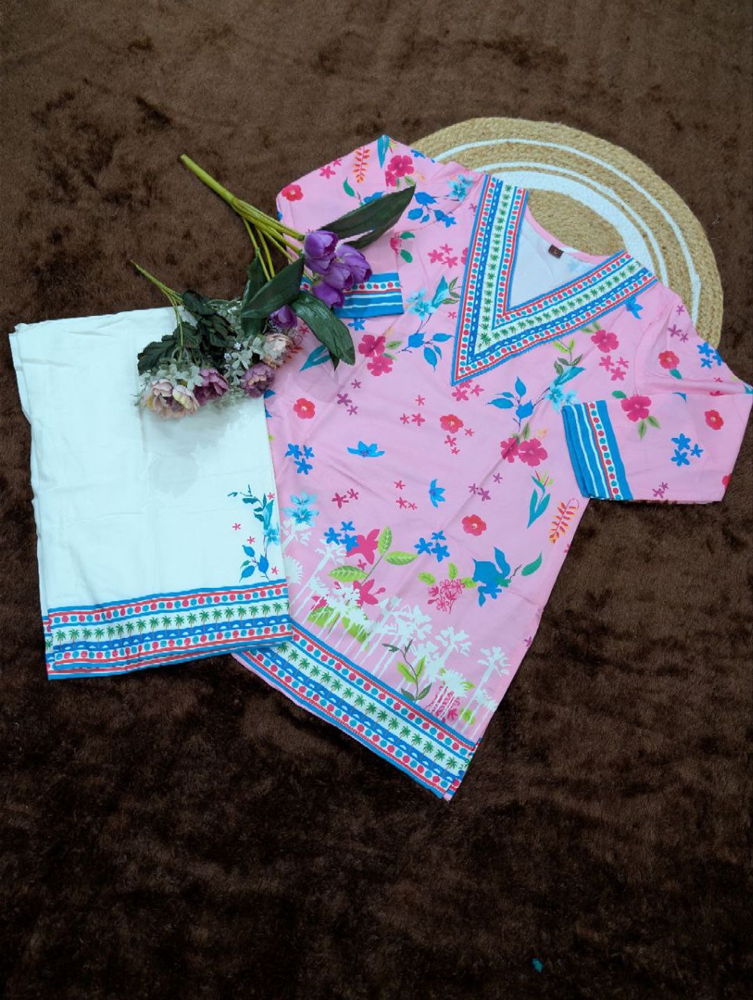 D1003 Pink Floral Printed Rayon Kurta Pant Co-Ord Set