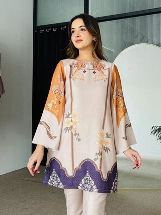 D1003 Beige Floral Printed Rayon Kurta Pant Co-Ord Set