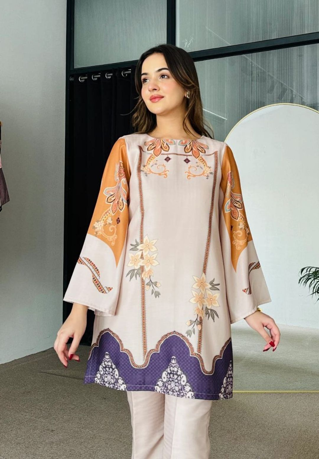 D1003 Beige Floral Printed Rayon Kurta Pant Co-Ord Set