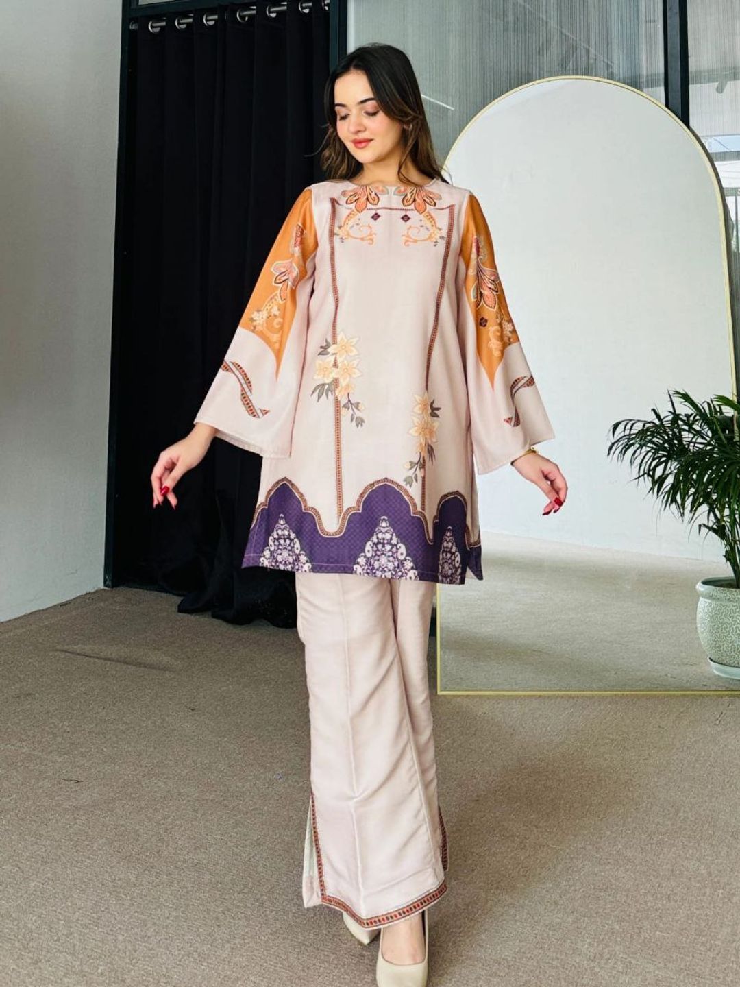 D1003 Beige Floral Printed Rayon Kurta Pant Co-Ord Set