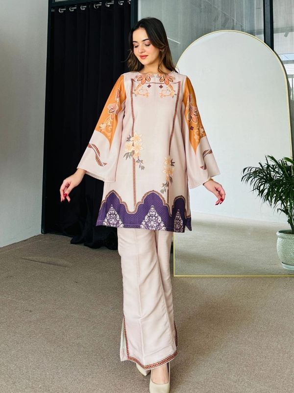 D1003 Beige Floral Printed Rayon Kurta Pant Co-Ord Set