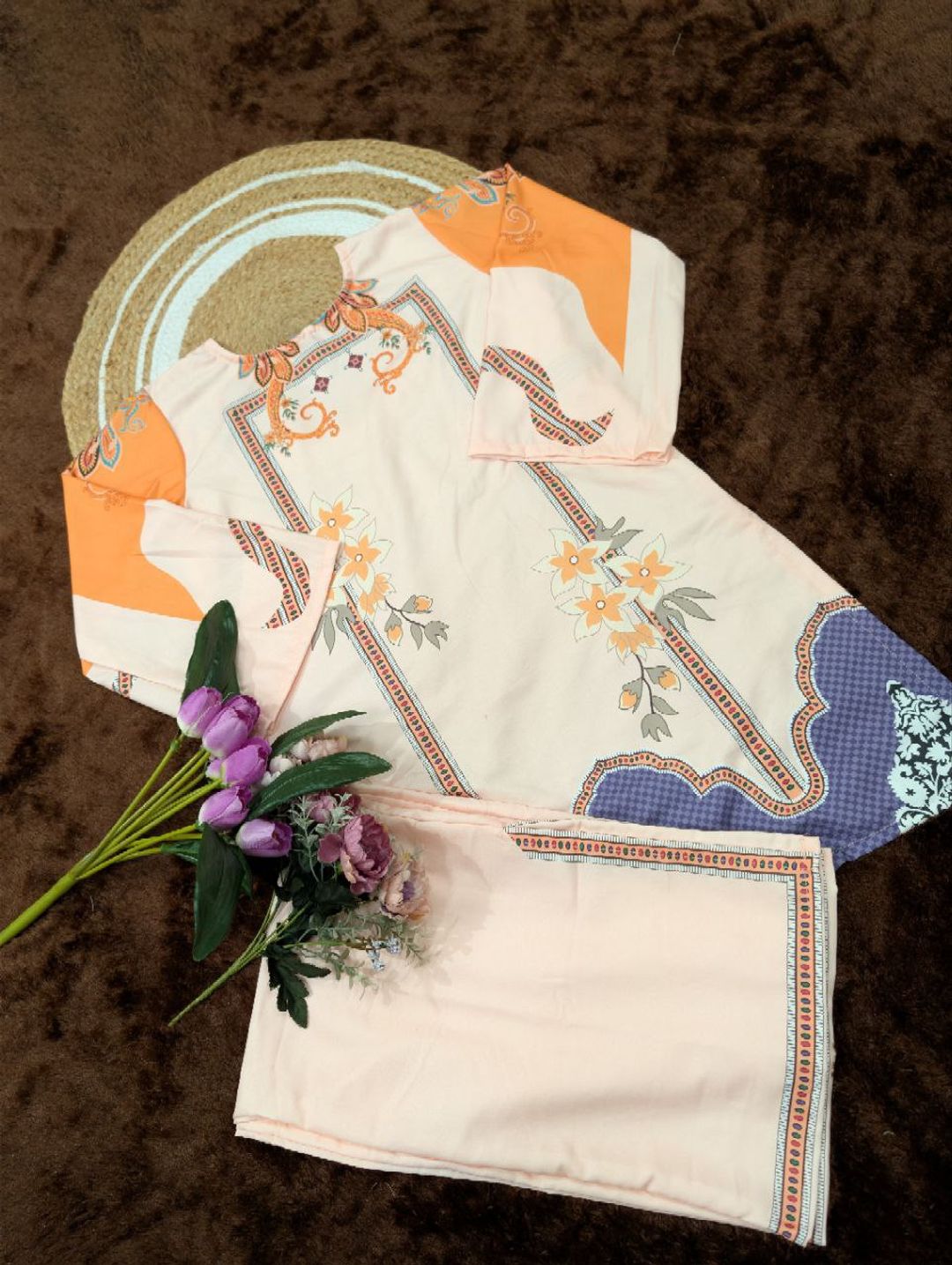 D1003 Beige Floral Printed Rayon Kurta Pant Co-Ord Set