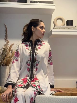 Cream Pink Floral Printed Rayon Co-Ord Set with Black Border