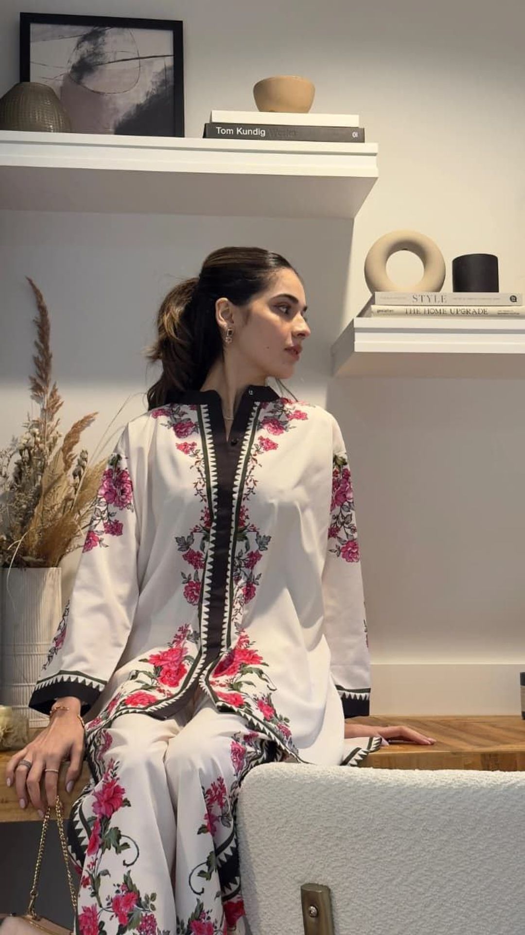 Cream Pink Floral Printed Rayon Co-Ord Set with Black Border