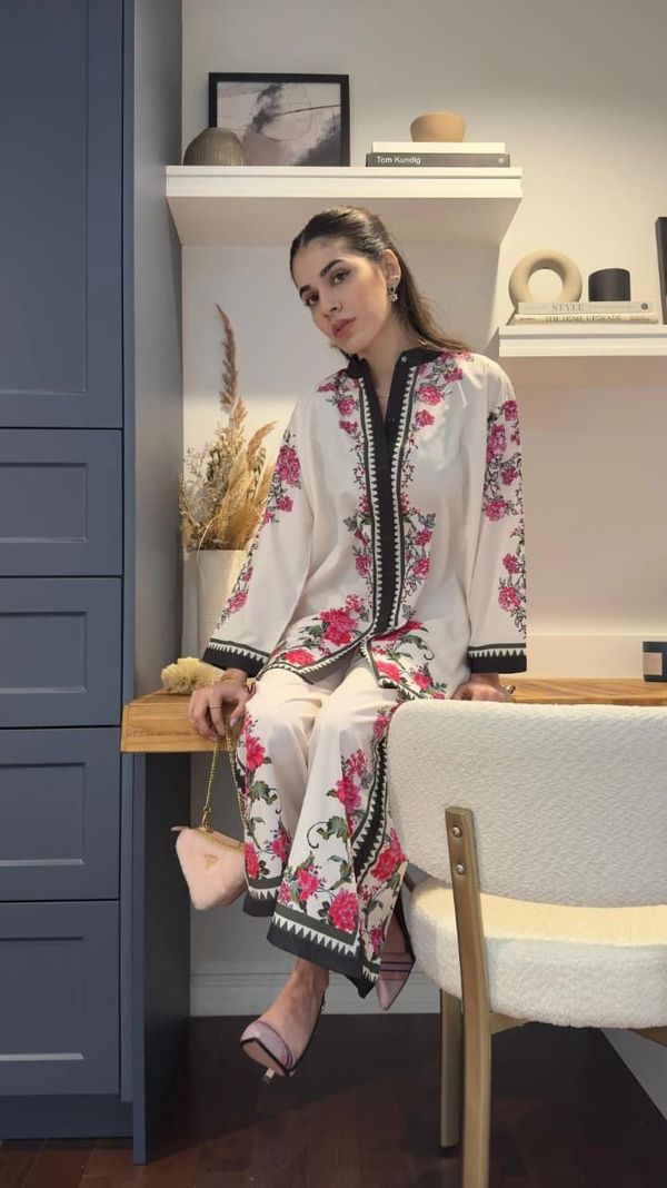 Cream Pink Floral Printed Rayon Co-Ord Set with Black Border