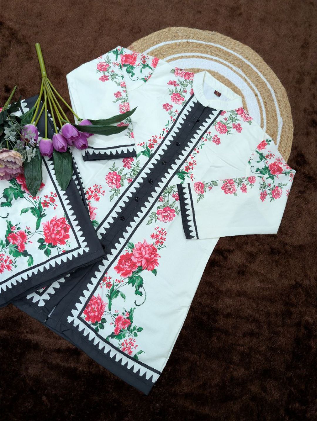 Cream Pink Floral Printed Rayon Co-Ord Set with Black Border