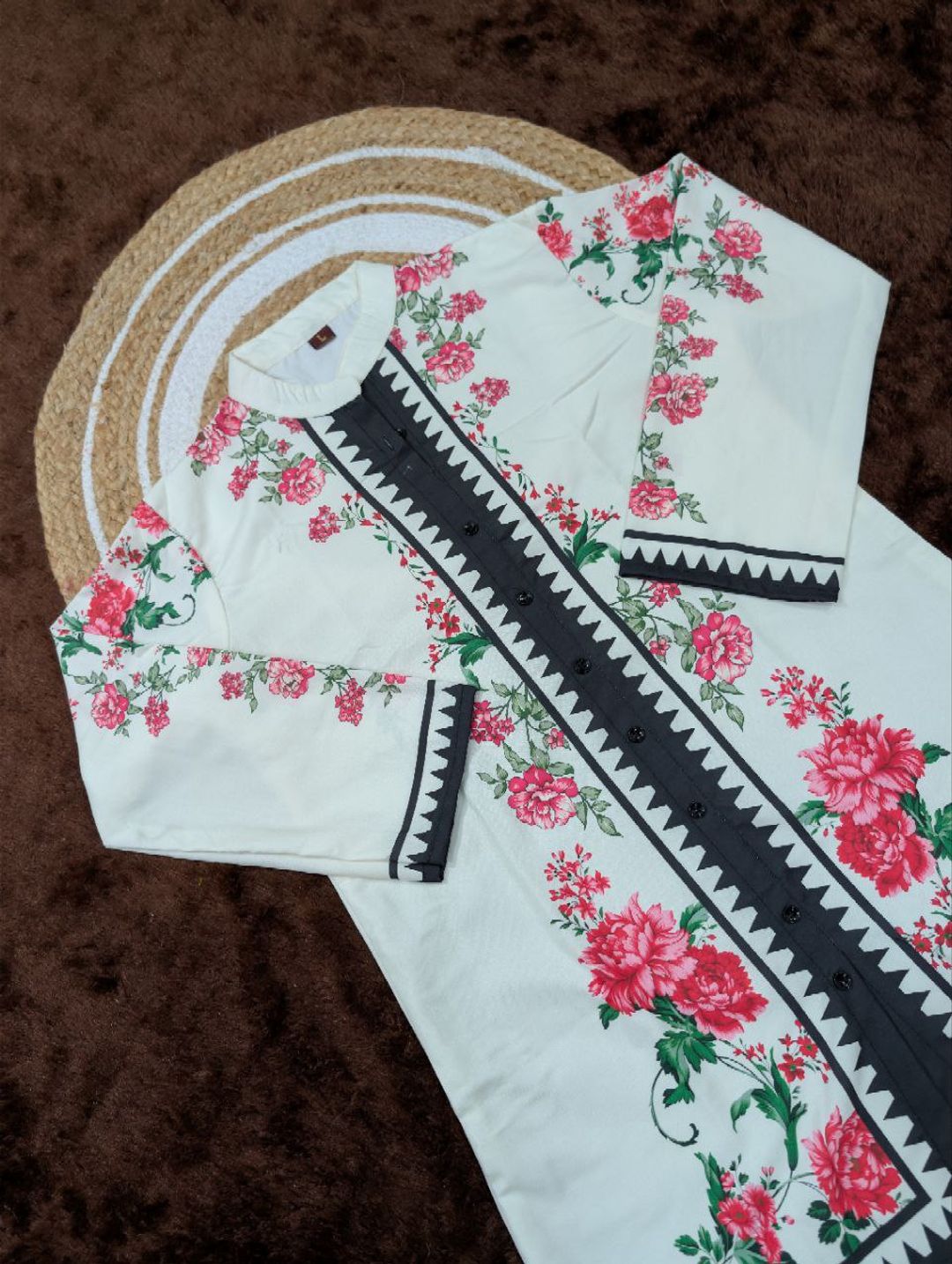 Cream Pink Floral Printed Rayon Co-Ord Set with Black Border