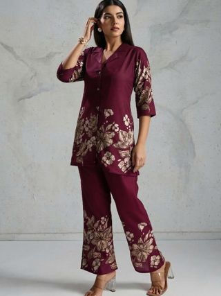 Wine Maroon Floral Rayon Co-Ord Set for Women | BLACKBERRY 2