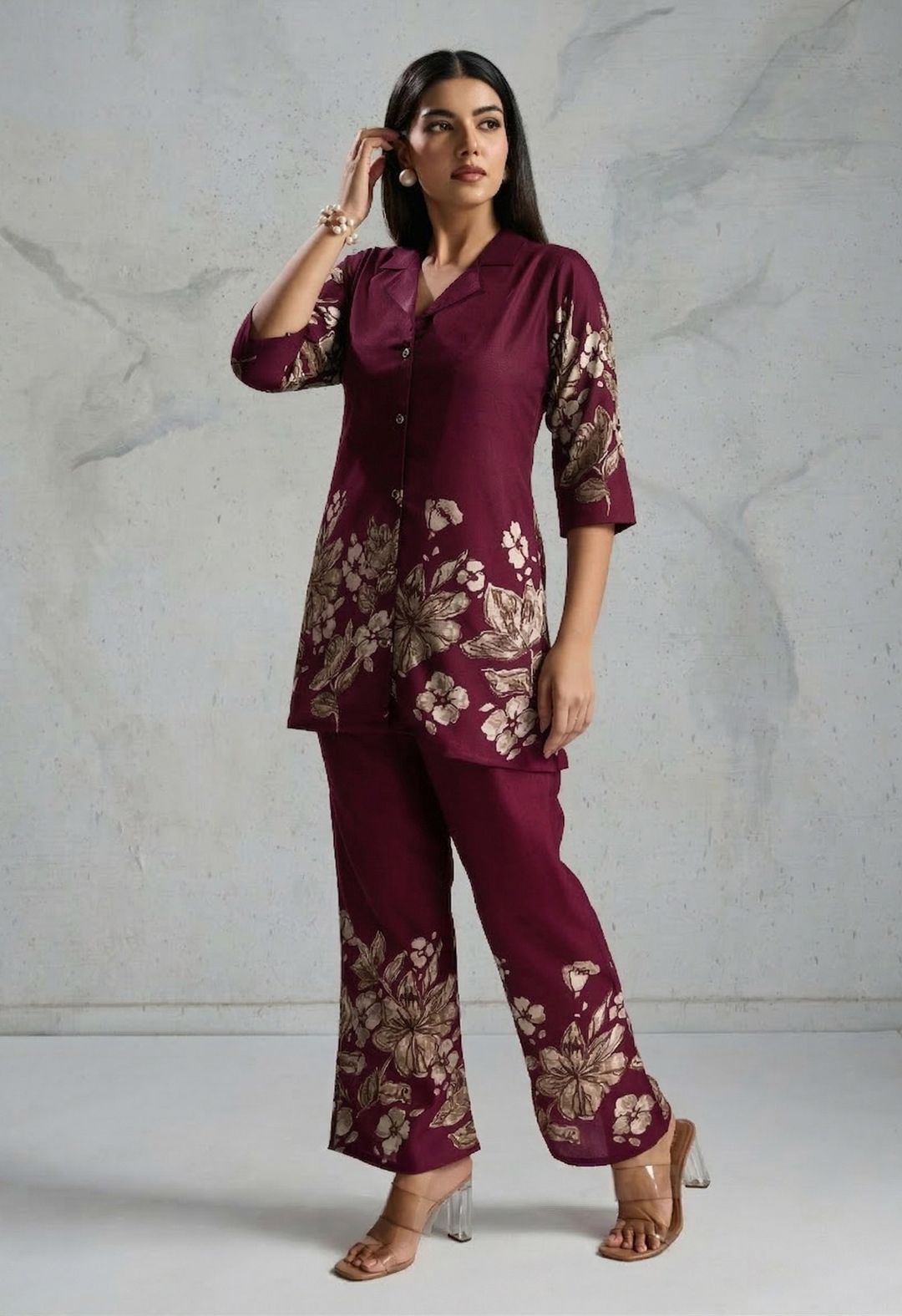 Wine Maroon Floral Rayon Co-Ord Set for Women | BLACKBERRY 2
