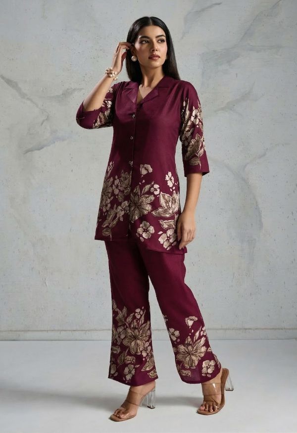 Wine Maroon Floral Rayon Co-Ord Set for Women | BLACKBERRY 2