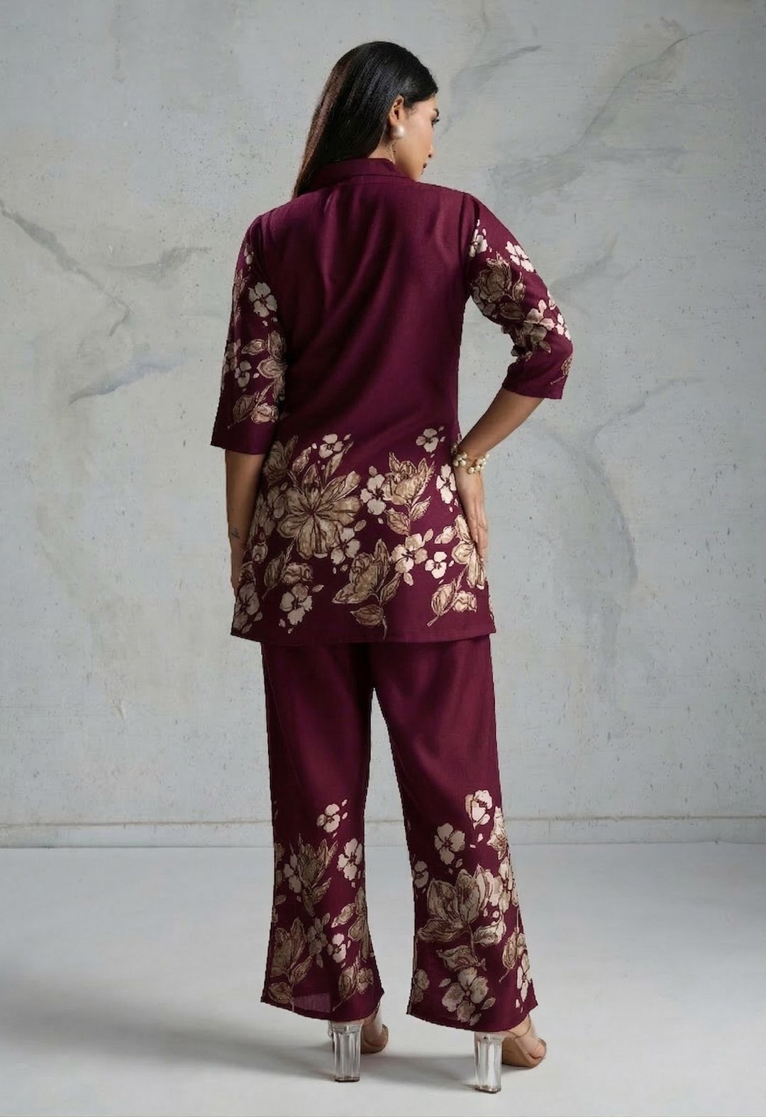 Wine Maroon Floral Rayon Co-Ord Set for Women | BLACKBERRY 2