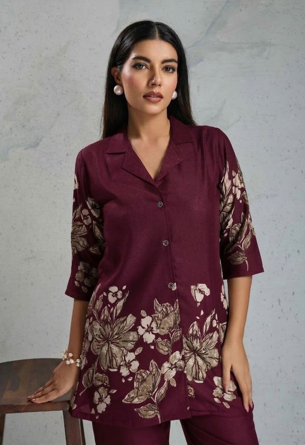 Wine Maroon Floral Rayon Co-Ord Set for Women | BLACKBERRY 2