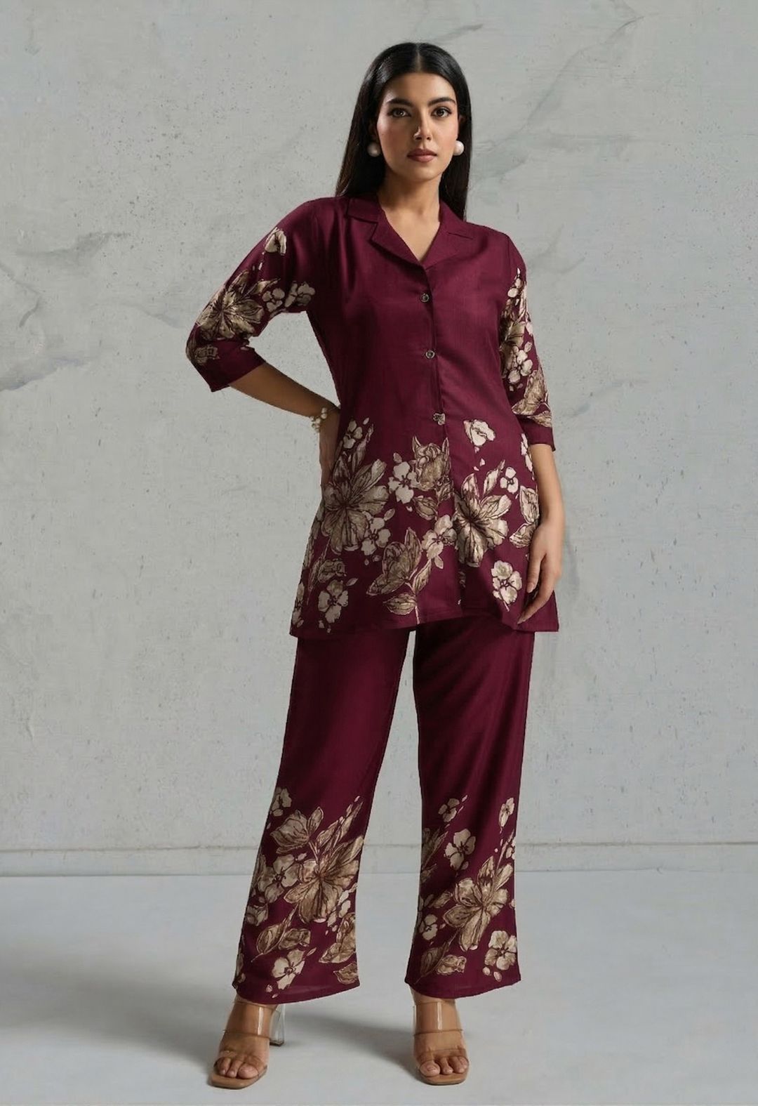Wine Maroon Floral Rayon Co-Ord Set for Women | BLACKBERRY 2