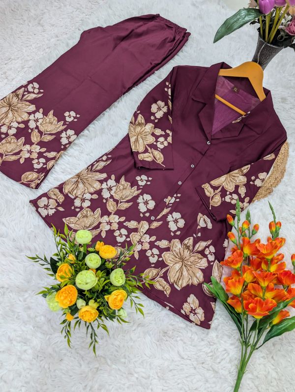 Wine Maroon Floral Rayon Co-Ord Set for Women | BLACKBERRY 2