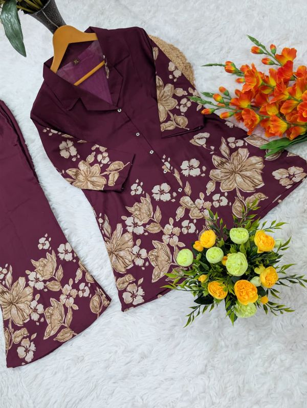 Wine Maroon Floral Rayon Co-Ord Set for Women | BLACKBERRY 2
