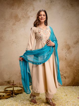 Beige Embroidered Chanderi Kurta Set with Blue Dupatta