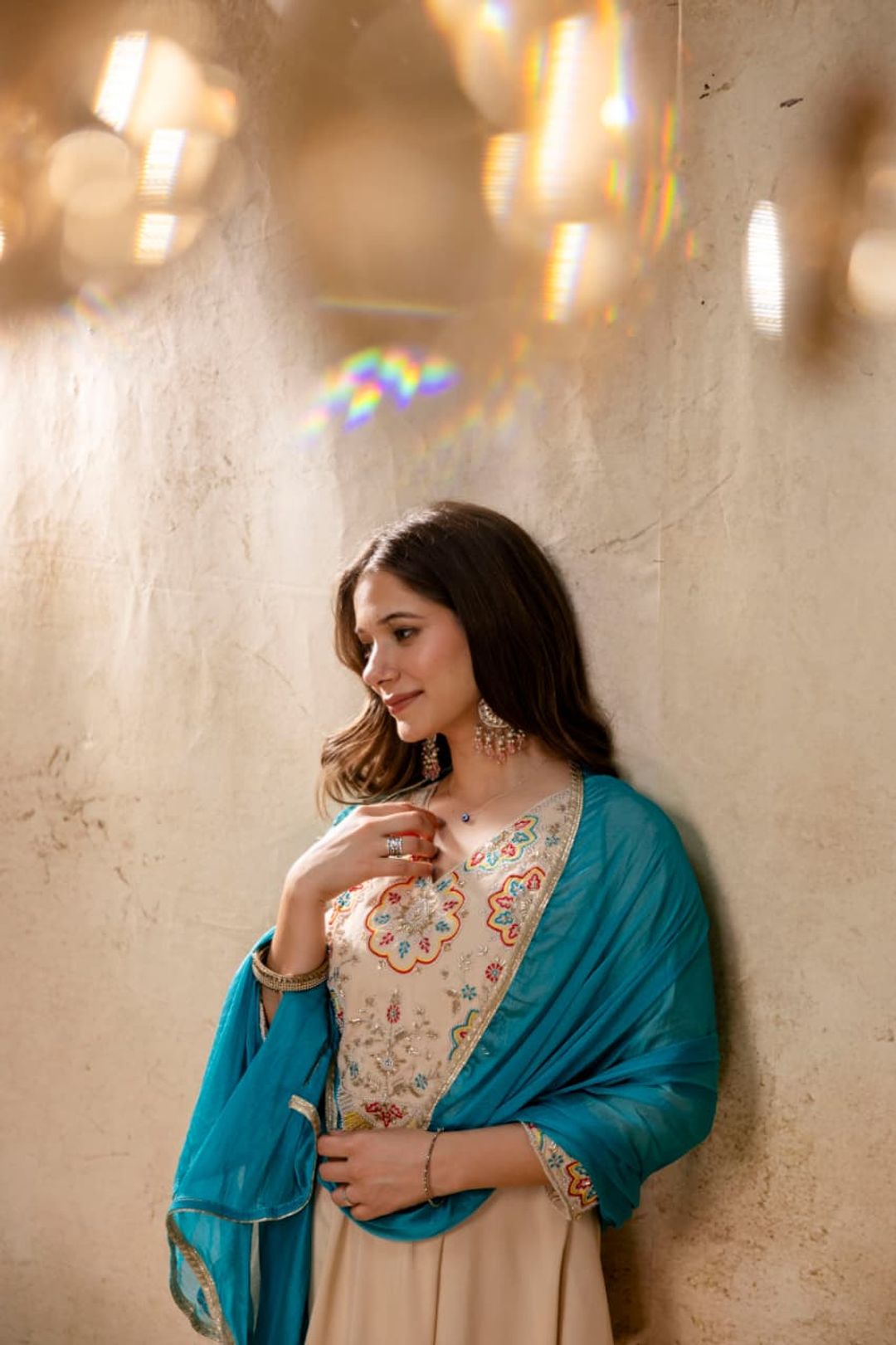 Beige Embroidered Chanderi Kurta Set with Blue Dupatta