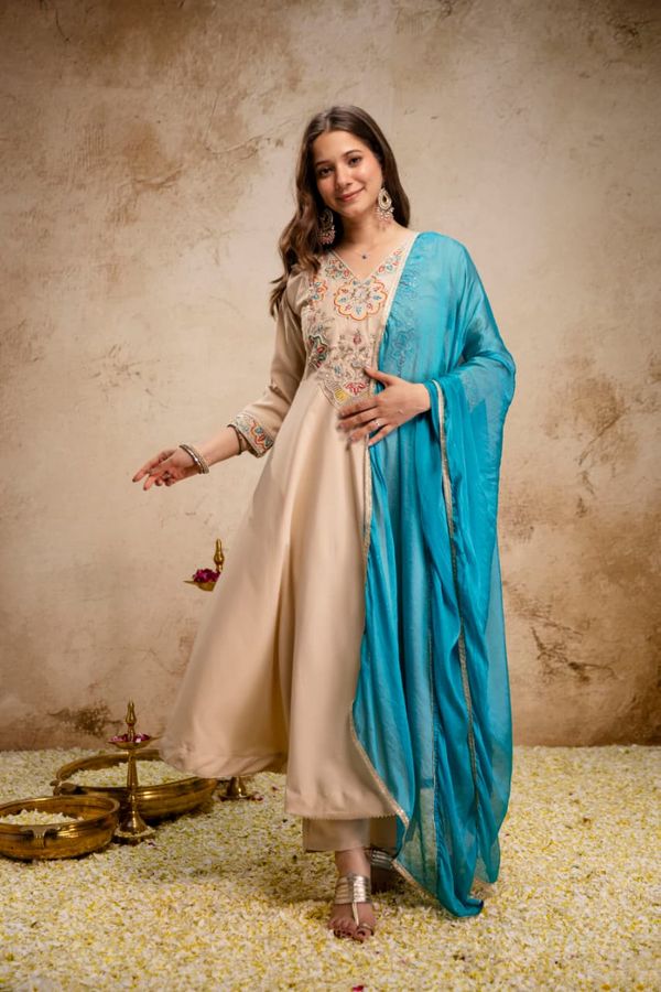 Beige Embroidered Chanderi Kurta Set with Blue Dupatta