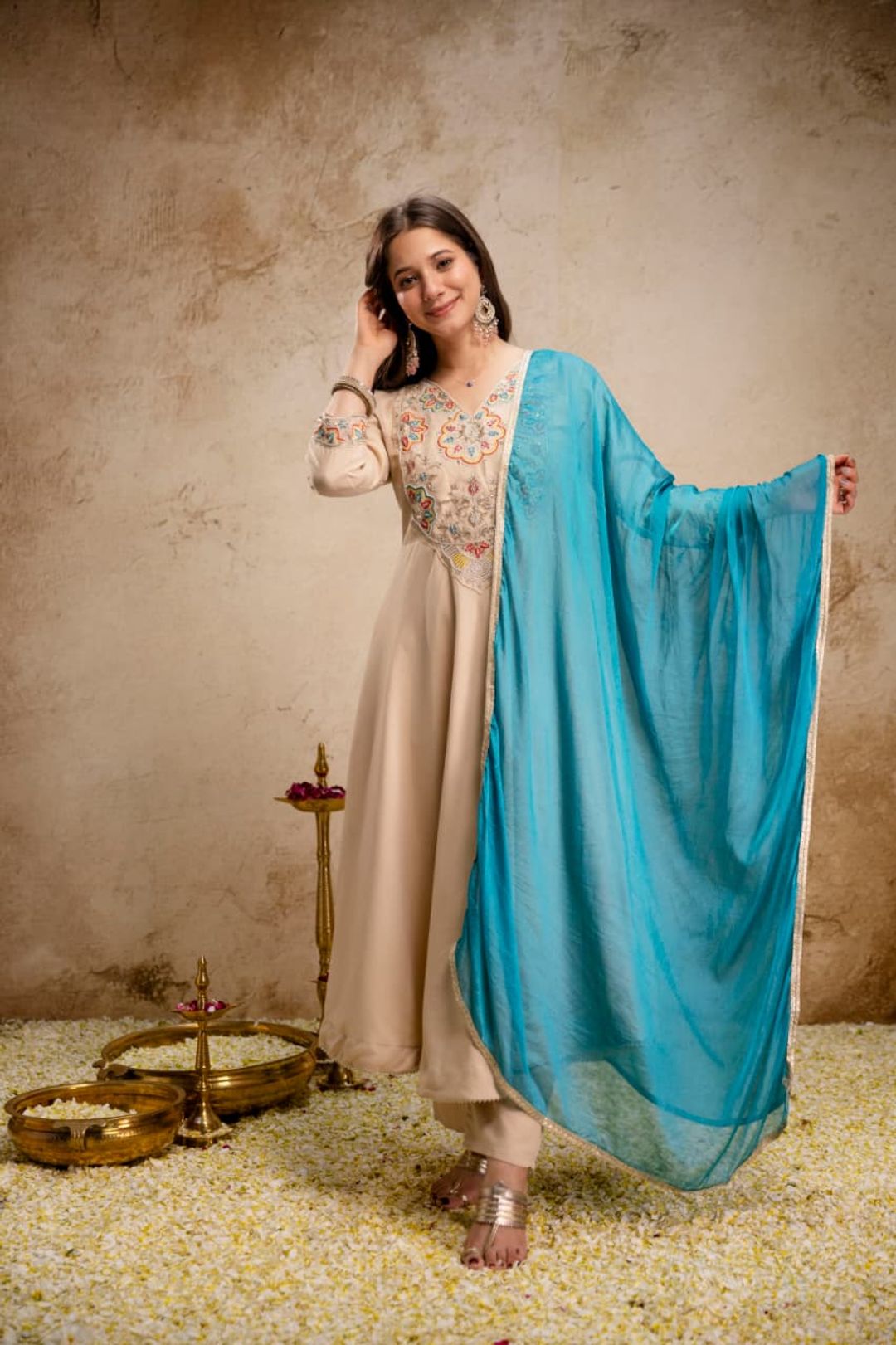 Beige Embroidered Chanderi Kurta Set with Blue Dupatta