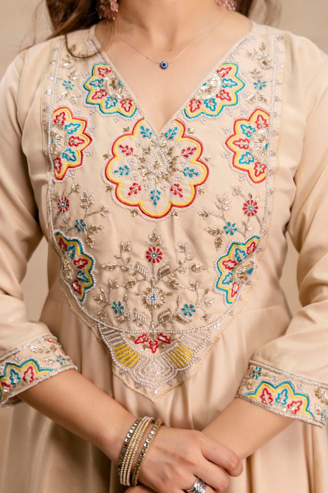 Beige Embroidered Chanderi Kurta Set with Blue Dupatta