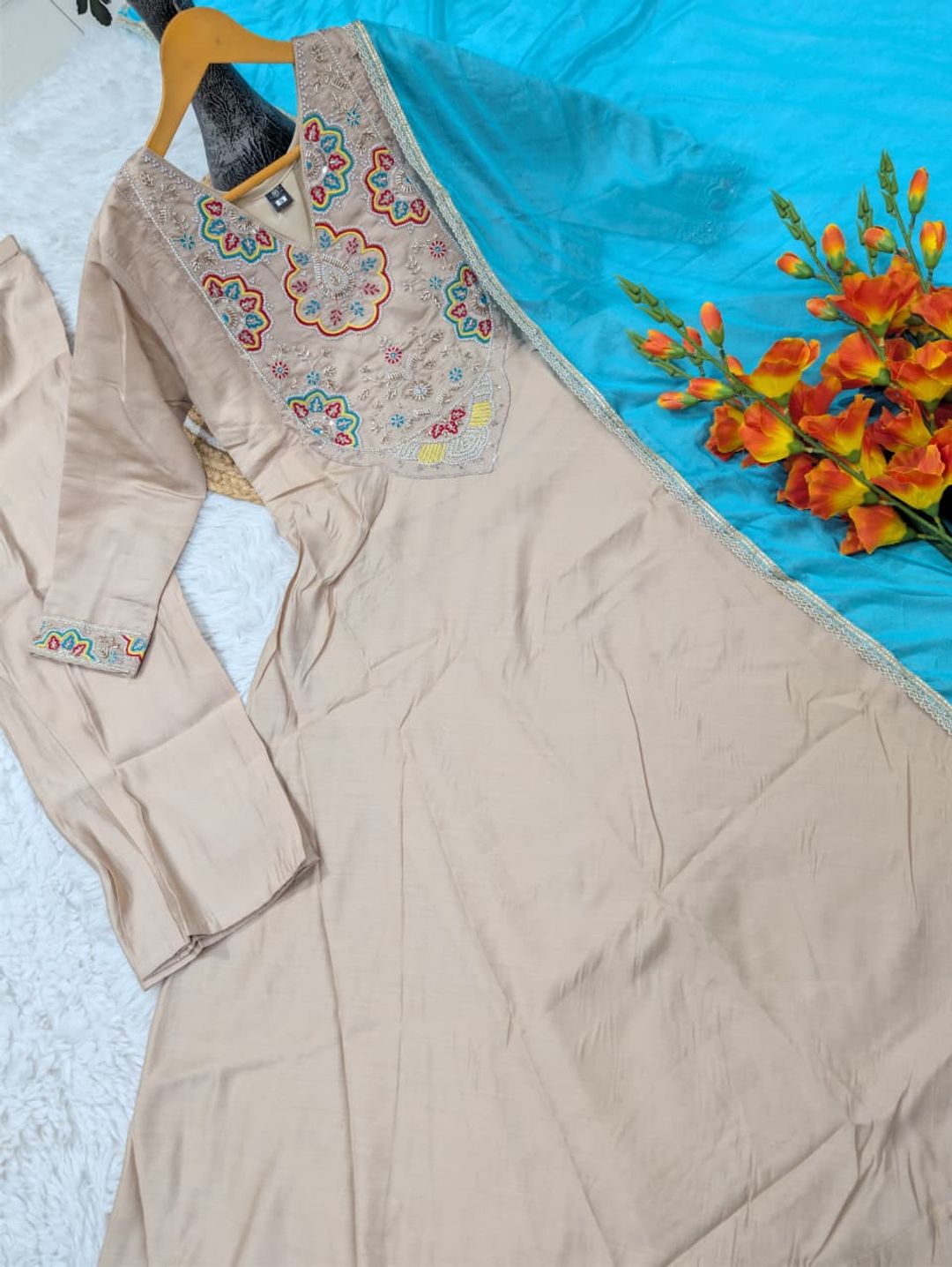 Beige Embroidered Chanderi Kurta Set with Blue Dupatta