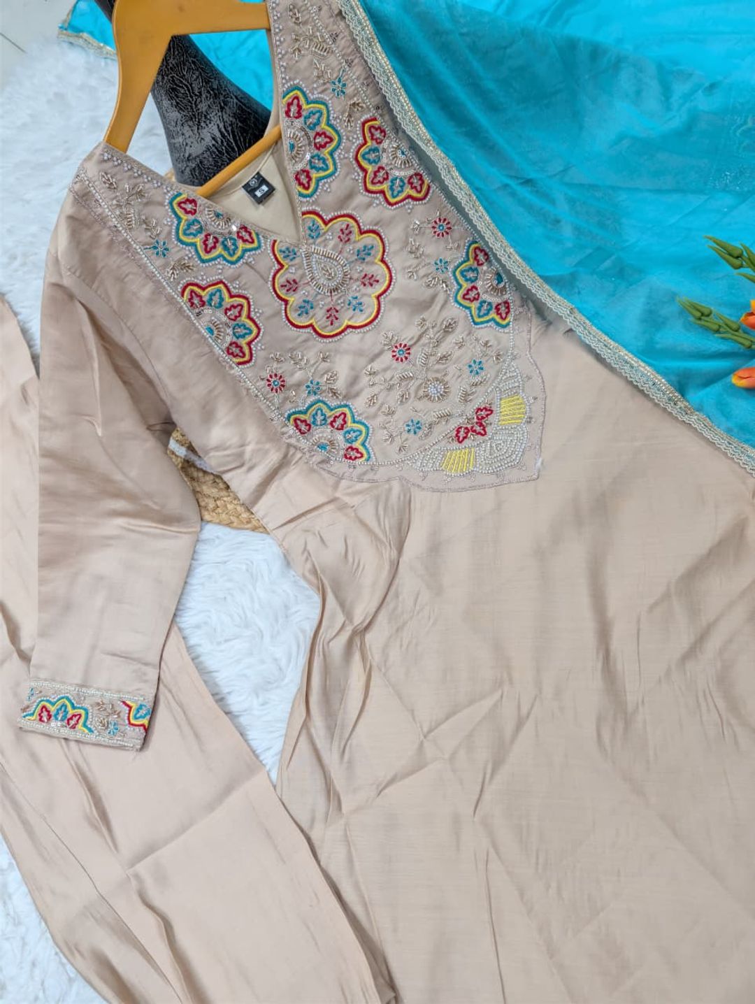 Beige Embroidered Chanderi Kurta Set with Blue Dupatta