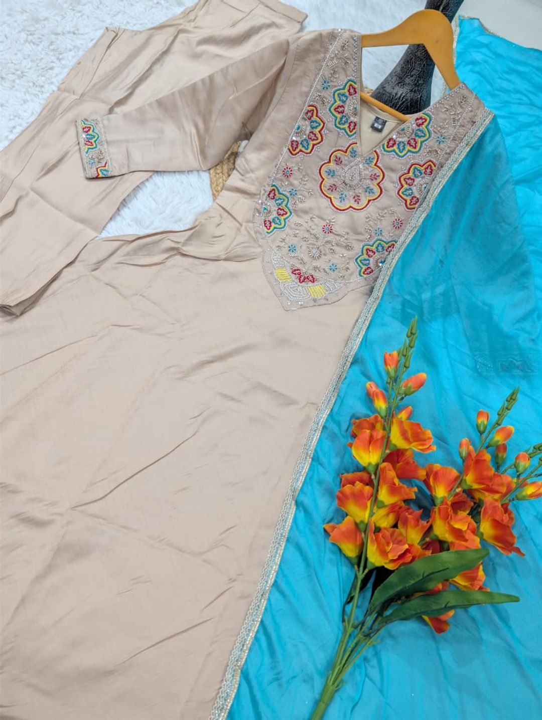 Beige Embroidered Chanderi Kurta Set with Blue Dupatta