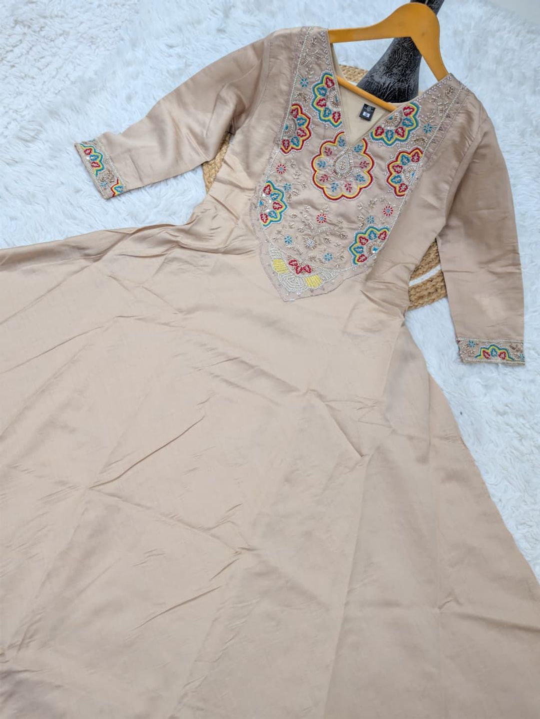 Beige Embroidered Chanderi Kurta Set with Blue Dupatta